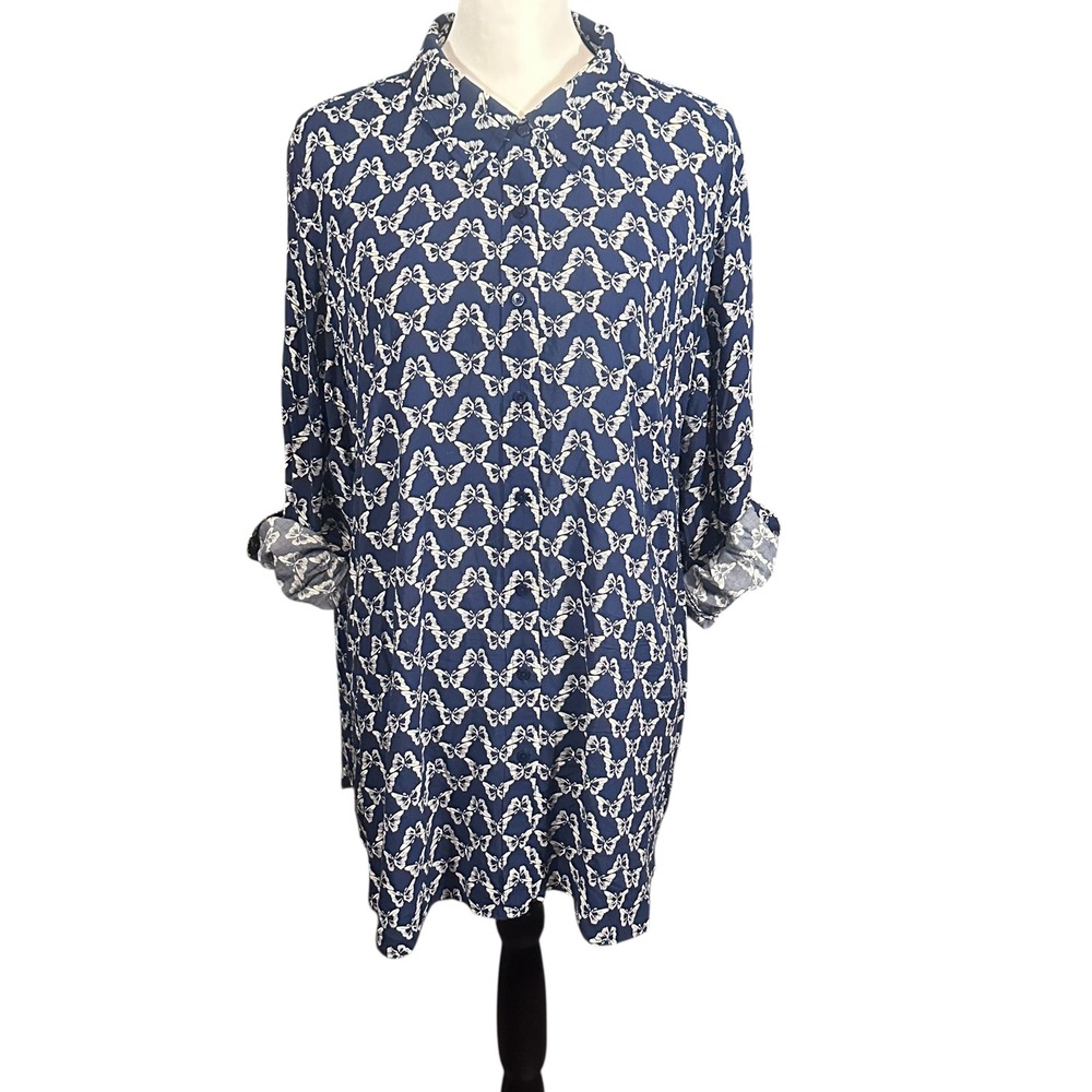 Talbots Shirt Women's 2X Navy Blue Butterfly Print Button Down Rayon Relaxed Fit